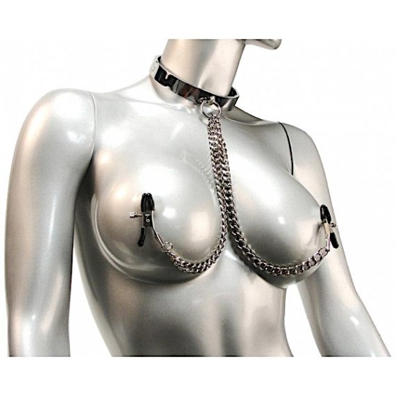 Chrome Slave Collar with Nipple Clamps - SmallMedium