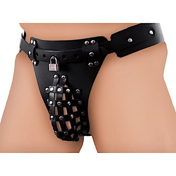 The Safety Net Leather Male Chastity Belt with Anal Plug Harness