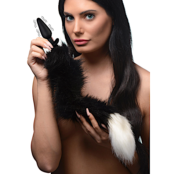 Large Vibrating Anal Plug with Interchangeable Fox Tail - Black and White