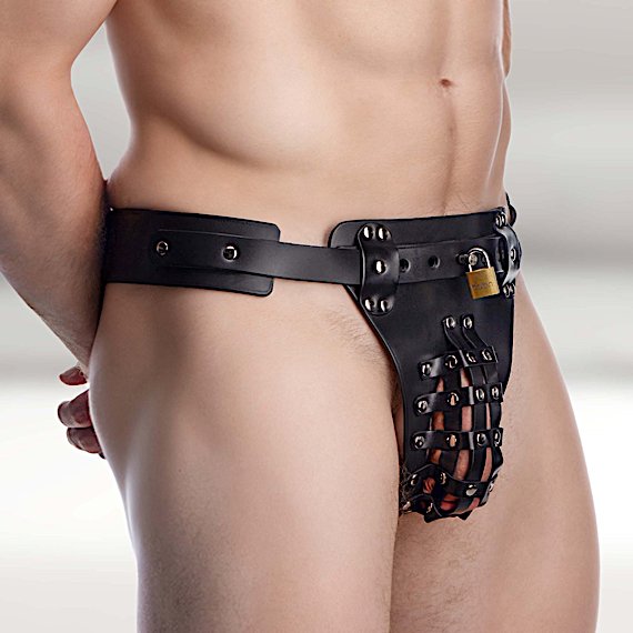 The Safety Net Leather Male Chastity Belt with Anal Plug Harness