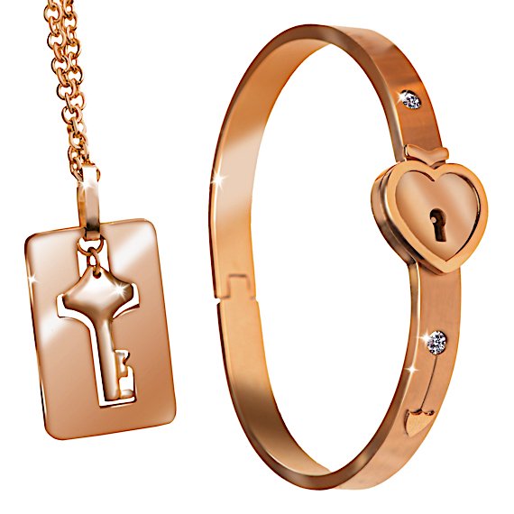 Cuffed Locking Bracelet and Key Necklace - Rose Gold
