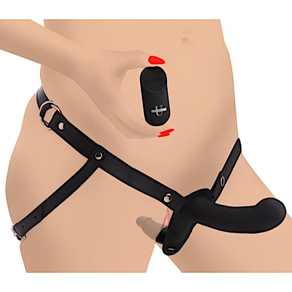 28X Double Diva 1.5 Inch Double Dildo with Harness and Remote Control - Black