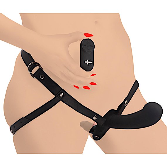 28X Double Diva 2 Inch Double Dildo with Harness and Remote Control - Black