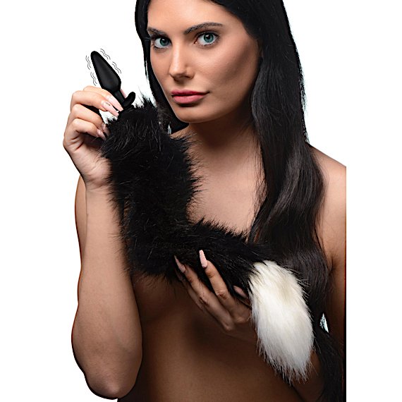 Small Vibrating Anal Plug with Interchangeable Fox Tail - Black and White