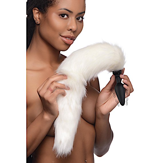 Large Vibrating Anal Plug with Interchangeable Fox Tail - White